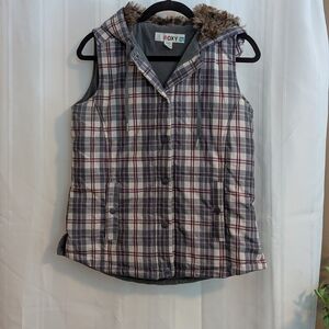 Roxy Plaid Hooded Vest - Gray and Burgundy. Size Medium.